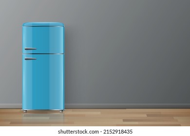 Vektorbanner mit 3D Realistischem Glossy Blue Retro Vintage Kühlschrank einzeln. Vertikaler einfacher Kühlschrank. Geschlossener Kühlschrank. Design Template, Mock up of Fridge. Vorderansicht