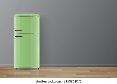 Vektorbanner mit 3D-Realistischem Glossy Green Retro Vintage Kühlschrank einzeln. Vertikaler einfacher Kühlschrank. Geschlossener Kühlschrank. Design Template, Mock up of Fridge. Vorderansicht