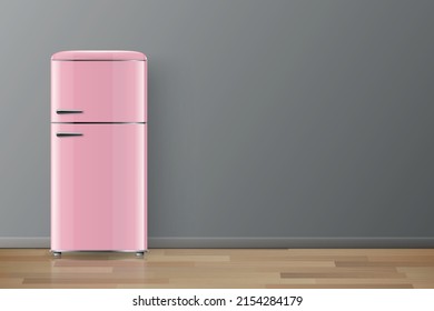 Vektorbanner mit 3D Realistischem Glossy Pink Retro Vintage Kühlschrank einzeln. Vertikaler einfacher Kühlschrank. Geschlossener Kühlschrank. Design Template, Mock up of Fridge. Vorderansicht