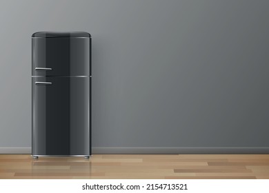 Vektorbanner mit 3D-Realistischer, glänzender, schwarzer Retro Vintage-Kühlschrank einzeln. Vertikaler einfacher Kühlschrank. Geschlossener Kühlschrank. Design Template, Mock up of Fridge. Vorderansicht