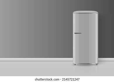 Pancarta vectorial con 3d Nevera retro gris realista aislada. Refrigerador simple vertical. Frigorífico cerrado. Plantilla de diseño, mezcla de nevera. Vista frontal