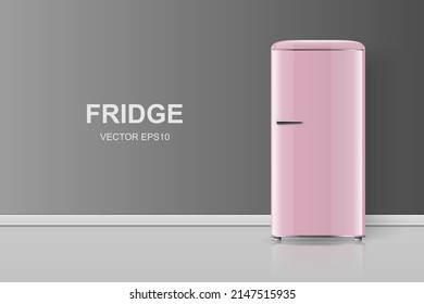 Vector Banner with 3d Realistic Pink Retro Vintage Fridge Isolated. Vertical Simple Refrigerator. Closed Fridge. Design Template, Mockup of Fridge. Front View