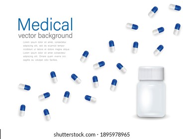 Vector banner with 3d realistic plastic bottle and pills design template, clipart, mockup. Medical background isolated on white background.