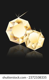 Pancarta vectorial con piedras brillantes redondas 3d realistas, diamante sobre fondo negro con reflexión. Concepto de joyería. Plantilla de diseño. Ilustración del vector