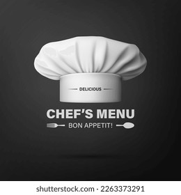 Vector Banner with 3d Realistic White Chef Hat, Toque on Black Background. Cook, Baker Chef Cap Design Template. Bakery, Restaurant, Kitchen Uniform. Cotton Hat, Professional Clothes