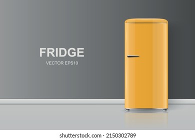 Vector Banner with 3d Realistic Yellow Retro Vintage Fridge Isolated. Vertical Simple Refrigerator. Closed Fridge. Design Template, Mockup of Fridge. Front View