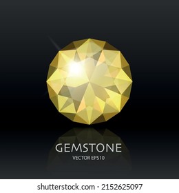Vektorbanner mit 3D-realistischem Gelb-Transparentstein, Diamant, Kristall, Rhinestones, Nahaufnahme auf Schwarz. Jewerly Concept. Design-Vorlage, Clipart
