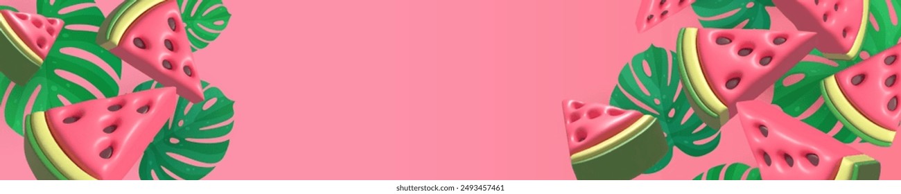 Anuncio de Vector, 3d renderizar piezas de sandía con hojas de monstera sobre fondo rosa. Icono de comida. Rodaja roja, semillas negras. Ilustración para postales, iconos, póster, publicidad, Web, diseño, artes