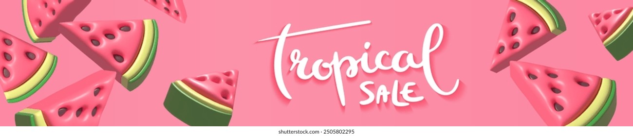 Vector banner, 3d render pieces of watermelon on pink background. Food icon. Slice with black seeds. Tropical sale. Vector illustration for postcard, icons, poster, advertising, web, design, arts