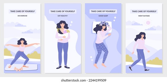 Vector banner of 4 self-care and good mental health tips. The girl does exercises, eats right, sleeps well and goes out into the fresh air. Set of 4 vector illustrations in one banner. Vector.