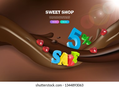 Vector banner 5% discount on sweet products with chocolate jets