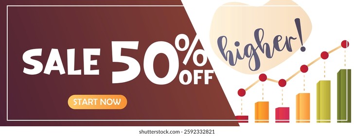 Vector banner with a 50% discount, start now button, and a growth chart. Symbol of success, profit, and business development.  
