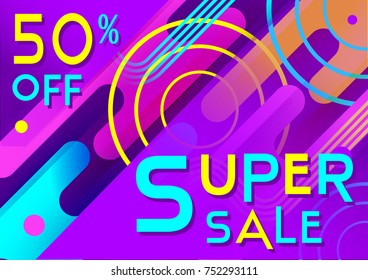 Vector banner  50% off, super sale, discount, Colorful abstract geometric background. Trendy modern concept with  asymmetrical shapes