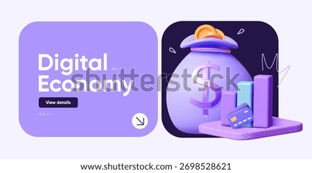 Vector banner about digital economy and finance. Money bag with coin, credit card and growing bar chart. Futuristic composition in purple tones. Web site banner block.