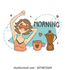 Vector banner about morning routine with girl, lettering, coffee pot and cup in cartoon style