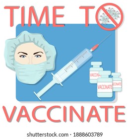 Vector banner about vaccination. Masked doctor, vaccine and syringe.