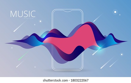 vector banner with abstract blue wavy shape and mobile phone icon on light background