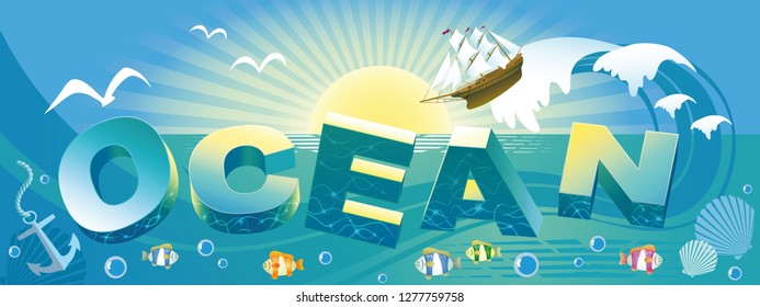 Vector banner with an abstract image on the theme of the sea with a wave, a sailboat and the inscription Ocean