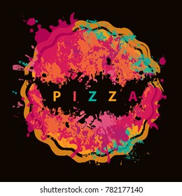 Vector banner with abstract image of pizza in the form of colorful spots and splashes and the lettering pizza on black background
