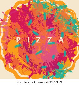 Vector banner with abstract image of pizza in the form of colorful spots and splashes and the lettering pizza