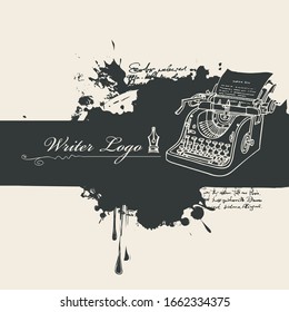 Vector banner with abstract spots and calligraphic inscription Writer logo. Black and white artistic illustration with fountain pen, blots and stains in retro style