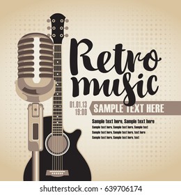 vector banner with an acoustic guitar and a microphone for the concert of retro music on light background in retro style with inscription