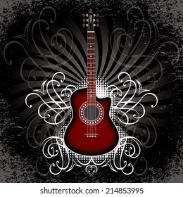 vector banner with acoustic guitar on black background