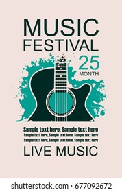 Vector banner with acoustic guitar on grunge green background, lettering festival live music and place for text in retro style