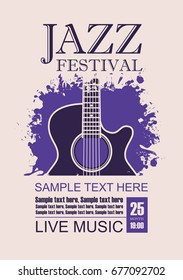 Vector banner with acoustic guitar on grunge violet background, lettering jazz festival live music and place for text in retro style