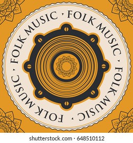 vector banner with an acoustic loudspeaker and the words folk music, written around with floral patterns in the corners