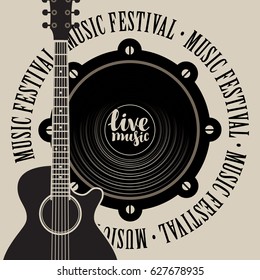 vector banner with a acoustic speaker, acoustic guitar, inscription live music and the words music festival, written around