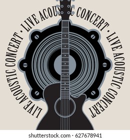 vector banner with a acoustic speaker, acoustic guitar and the words live acoustic concert, written around