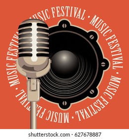 vector banner with a acoustic speaker, microphone and the words music festival, written around on red background