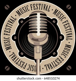 vector banner with acoustic speaker, microphone and the words music festival, written around on beige background