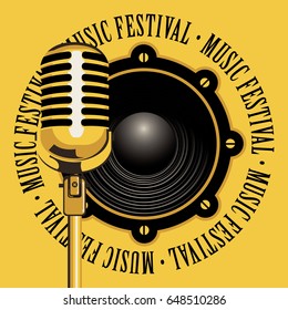 vector banner with acoustic speaker, microphone and the words music festival, written around on yellow background