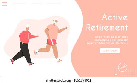 Vector banner of Active retirement concept. Grandfather and grandmother jogging. Elderly couple running. Sports activity for old people, healthy lifestyle. Character illustration of design web page