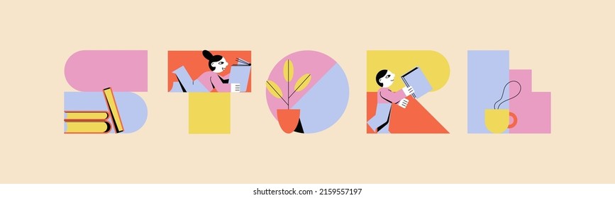 Vector banner for advertising bookstore or library. Inscription shop with reading people. Concept of studying technological and literary books. Exchange knowledge between students. Flat vector