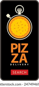 vector banner advertising pizza delivery with a drawing of a clock stopwatch with drawing pizza for a mobile phone interface. Suitable for websites of restaurants, pizzerias and bakeries