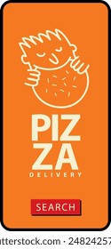 Anuncio de Vector que anuncia la entrega de pizza con un logotipo de dibujo divertida cabeza humana que come pizza para una interfaz de teléfono móvil. Adecuado para Sitios web de restaurantes, pizzerías y panaderías