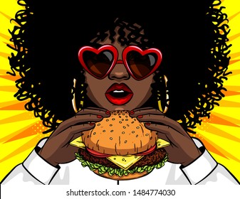 Vector banner african american woman eating a burger. Comic cartoon pop art retro vector illustration drawing female hands holding a yummy sandwich