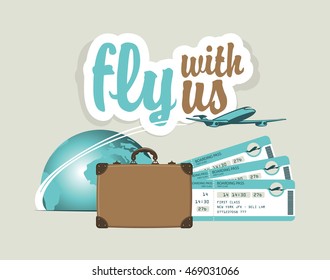 vector banner for air travel with an airplane, planet, suitcase and plane tickets