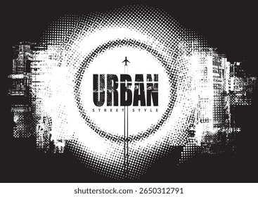 Banner vetorial com um avião e um círculo sobre o tema do urbanismo, arte de rua, tecnologia digital e estúdios de fotografia no fundo da paisagem urbana, pixels. Design de camiseta, cartaz, logo.No ai