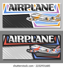 Vector banner for Airplane in motion with copy space, decorative invitation with illustration of high speed airplane with 4 turbines flying on sky background, unique brush lettering for word airplane
