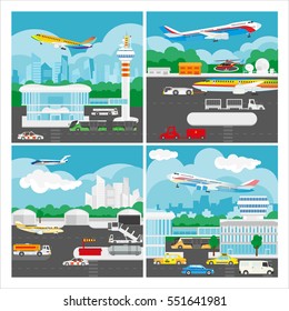 Vector banner of airport landscape. Illustration with aircraft travel, terminal building, luggage service and passenger transport. Arrivals or departures airliner from airport. Flat design elements