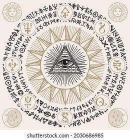 Vector banner with an all-seeing eye, esoteric signs, magic runes, alchemical and masonic symbols written in a circle. Decorative hand-drawn illustration in retro style