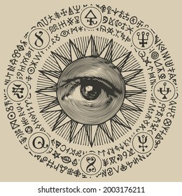 Vector banner with an all-seeing eye inside the sun, esoteric signs, magic runes, alchemical and masonic symbols written in a circle. Decorative hand-drawn illustration in retro style