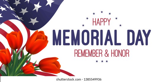 Vector banner with american flag and tulips. Memorial day. Remember and honor. USA patriotic illustration
