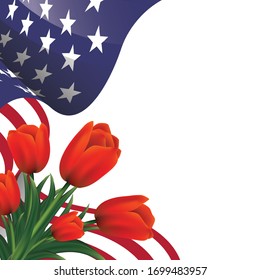 Cartel vectorial con bandera y tulipanes americanos. Dibujo patriótico de Estados Unidos. Día del Veterano, Monumento conmemorativo, Día del Patriota