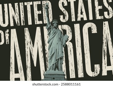 Vector banner with American Statue of Liberty on background of the inscription USA in grunge style on a dark background, suitable for a logo, t-shirt design. Decorative illustration of US landmark