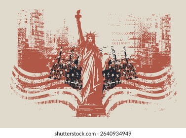 Vector banner with American Statue of Liberty on grunge texture background and USA flag on finance and money, travel theme. T-shirt design, travel poster, flyer. USA landmark illustration. No AI used